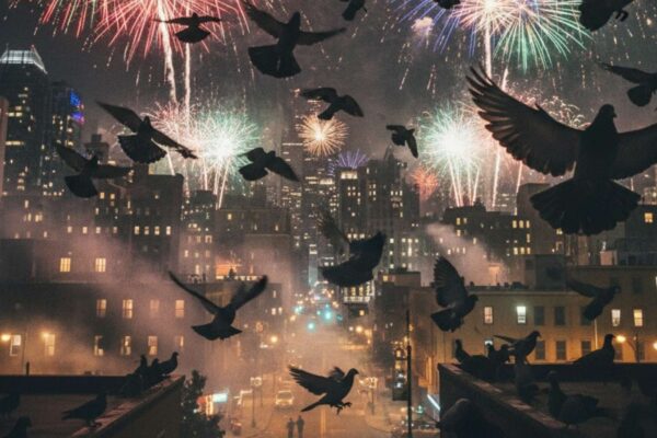 Fogos de artifício causam estresse e voo errático em aves urbanas (Imagem: Gerada por IA/ Gemini)