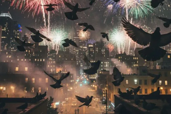 Fogos de artifício causam estresse e voo errático em aves urbanas (Imagem: Gerada por IA/ Gemini)