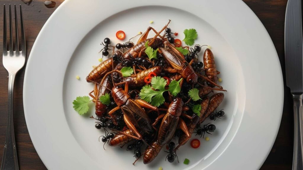Grilos e larvas estudados como proteína para astronautas do futuro. (Imagem: Gerada por IA/ Gemini)
