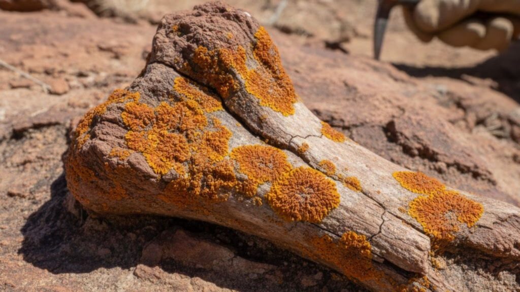 Pigmentos de líquen indicam depósitos fossilíferos. (Foto: Imagem gerada por IA via Gemini)