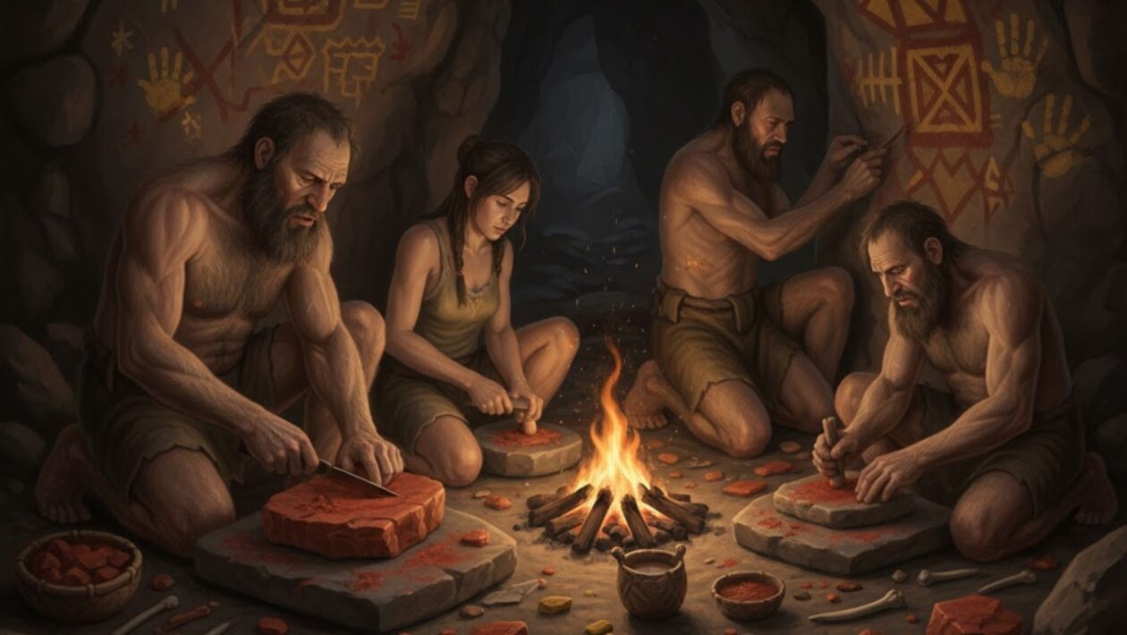Neandertais moldavam ocre como gizes de cera. (Foto: Gerada por IA via Gemini)