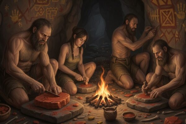 Neandertais moldavam ocre como gizes de cera. (Foto: Gerada por IA via Gemini)