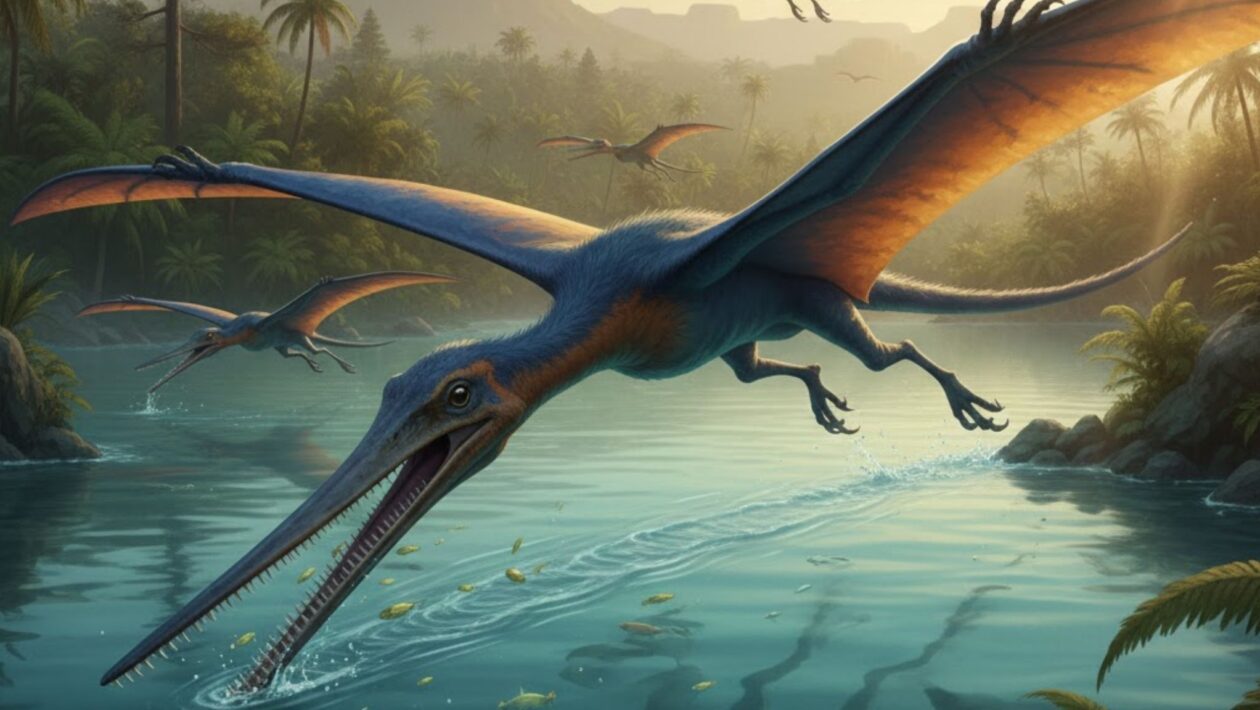 Fóssil raro mostra pterossauro filtrador do Cretáceo Inferior. (Foto: Gerada por IA via Gemini)