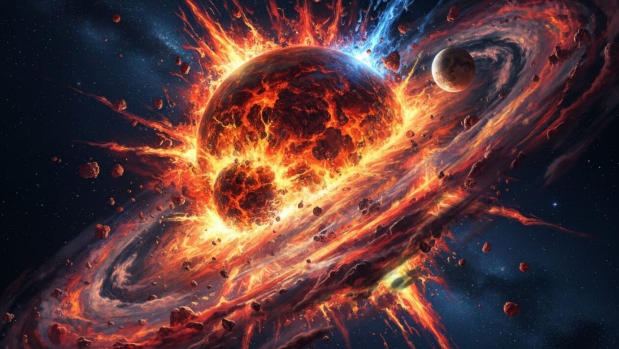 Impacto ancestral que criou a Terra e a Lua ganha novas explicações. (Imagem: Gerada por IA/ Gemini)