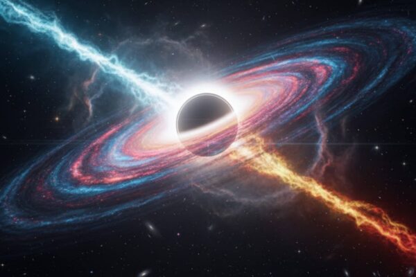 Quasar ID830 exibe brilho extremo e quebra recorde em raios X (Imagem: Gerada por IA/ Gemini)