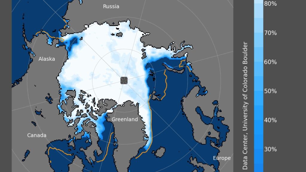 Expansão do gelo marinho fica abaixo da média histórica no inverno (Imagem: National Snow and Ice Data Center/ NASA)