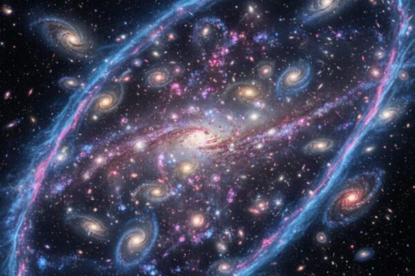 Choques de galáxias criam relíquias de rádio gigantescos no universo (Imagem: Gerada por IA/ Gemini)