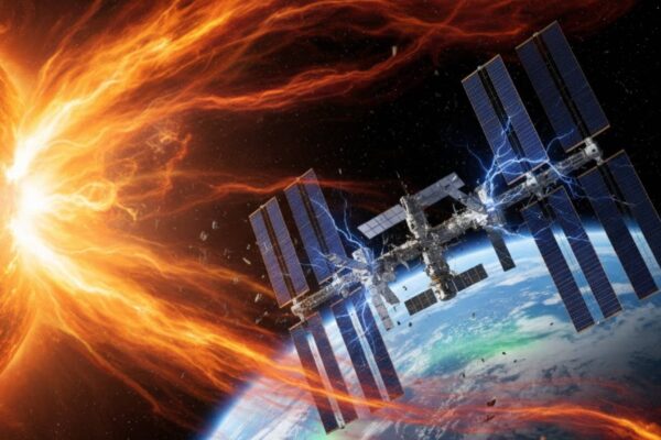 Explosões solares criam auroras e exigem proteção a astronautas na ISS. (Imagem: Gerada por IA/ Gemini)