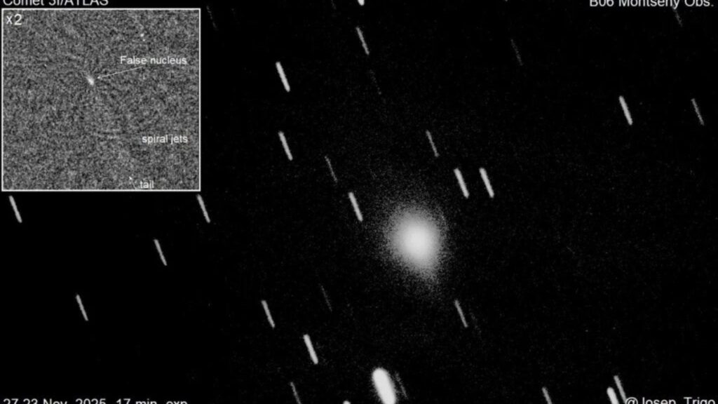 O cometa 3I/ATLAS exibe jatos na superfície, sugerindo atividade de criovulcanismo (Imagem: Josep M. Trigo-Rodríguez/Observatório B06 Montseny)
