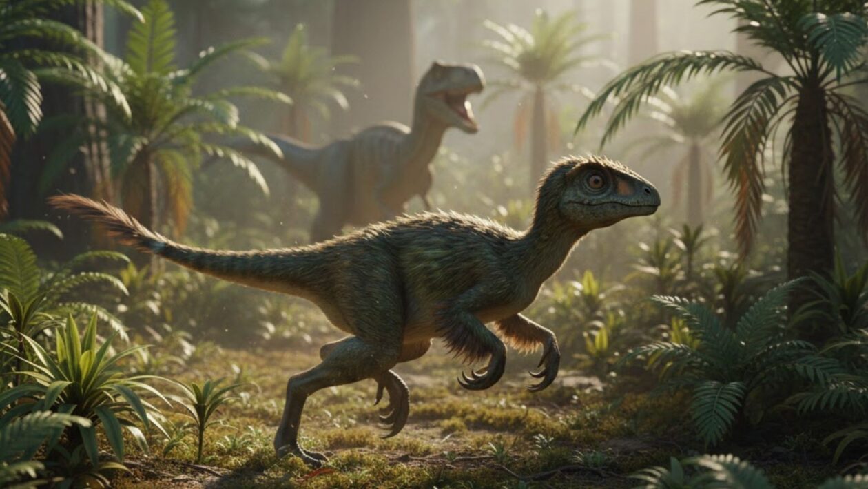 Dinossauro do tamanho de um gato muda visão do Jurássico. (Foto: Gerada por IA via Gemini)