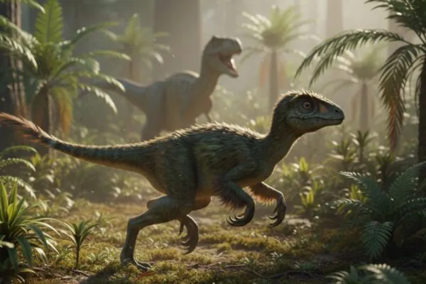 Dinossauro do tamanho de um gato muda visão do Jurássico. (Foto: Gerada por IA via Gemini)
