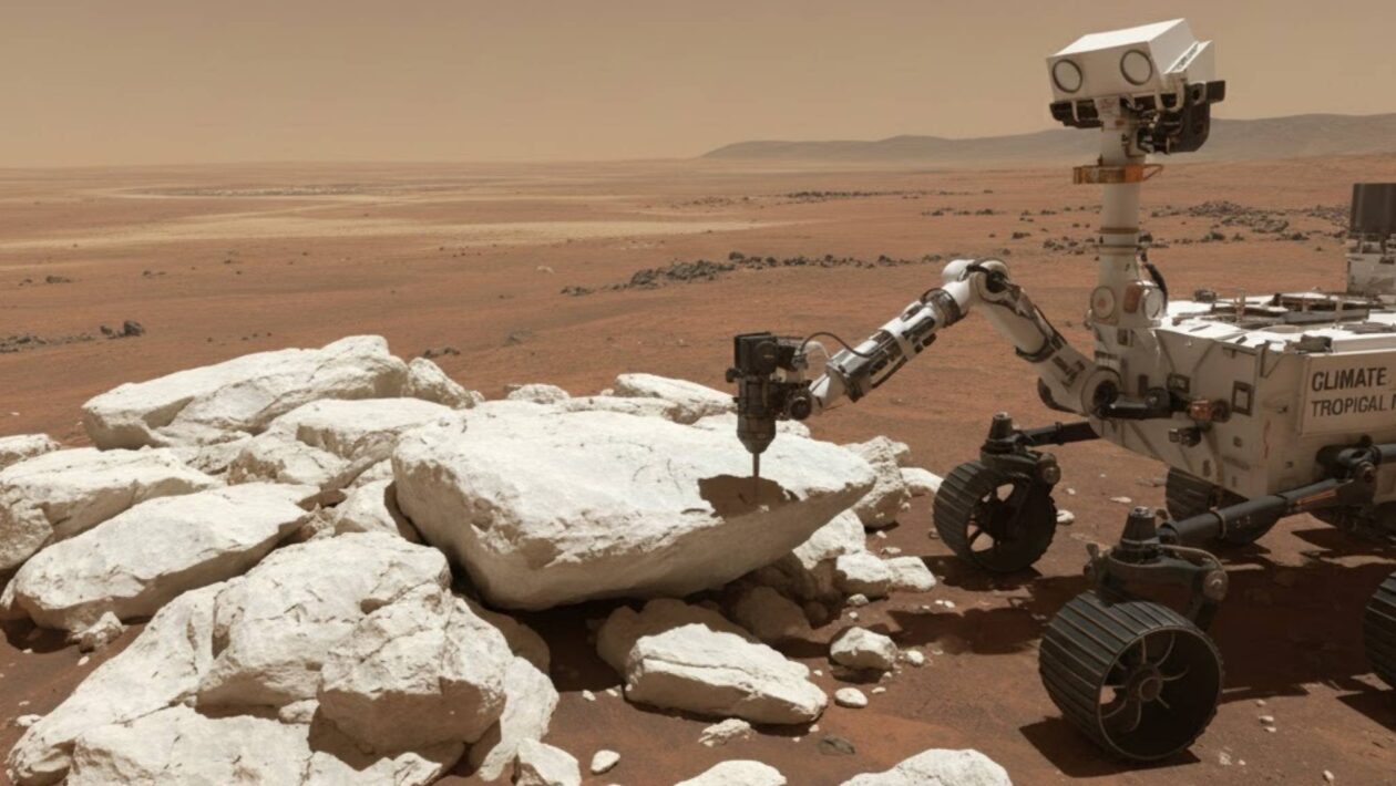 Rochas esbranquiçadas em Marte indicam chuvas intensas no passado (Imagem: Gerada por IA/ Gemini)