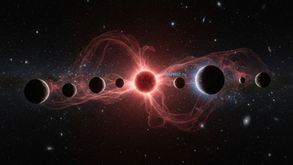 Atividade intensa da estrela pode indicar atmosfera em exoplaneta vizinho. (Imagem: Gerada por IA/ Gemini)