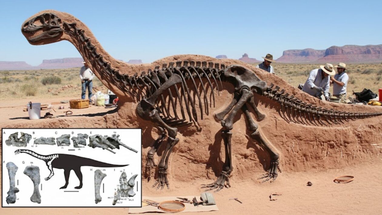 Esqueleto reconstruído de Wudingloong. (Foto: Gerada por IA via Gemini)