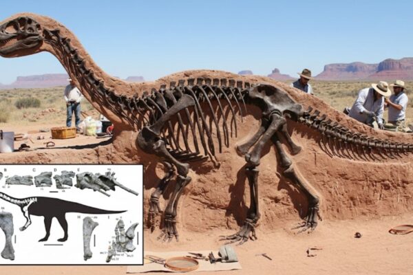 Esqueleto reconstruído de Wudingloong. (Foto: Gerada por IA via Gemini)