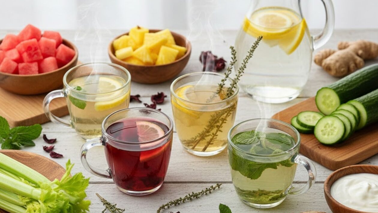 Entenda como chás e frutas ajudam o corpo após excessos. (Foto: Gerada por IA via Gemini)