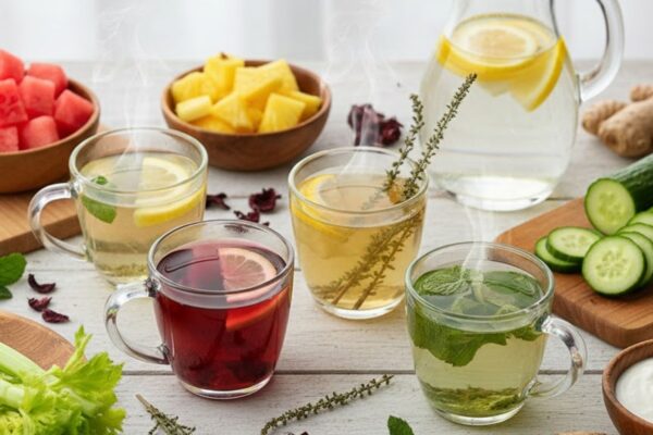 Entenda como chás e frutas ajudam o corpo após excessos. (Foto: Gerada por IA via Gemini)