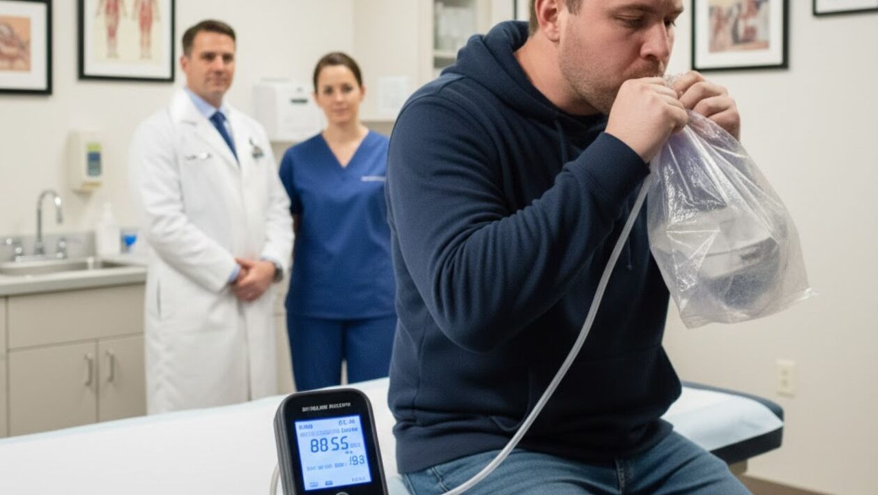 Bafômetro clínico analisa o ar exalado em busca de câncer. (Foto: Fala Ciência via Gemini)