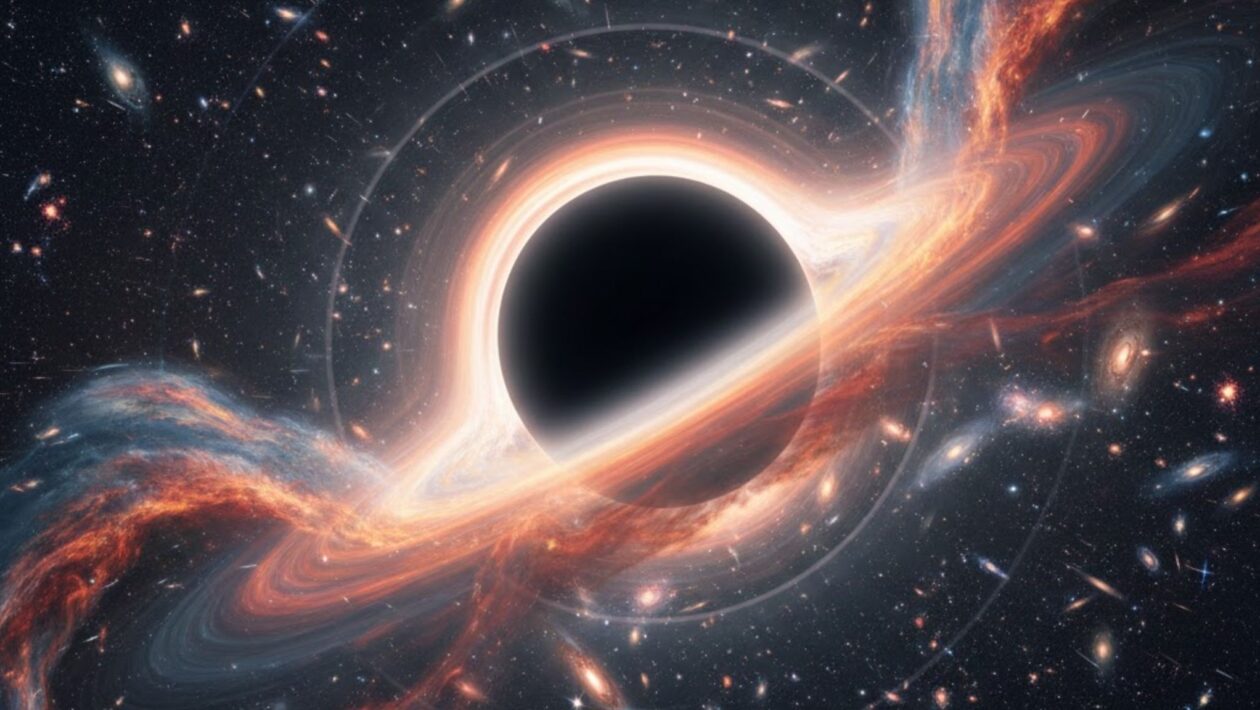 Buraco negro supermassivo em fuga deixa rastro de estrelas e gás. (Imagem: Fala Ciência via Gemini)