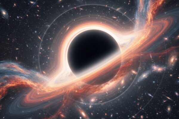 Buraco negro supermassivo em fuga deixa rastro de estrelas e gás. (Imagem: Fala Ciência via Gemini)