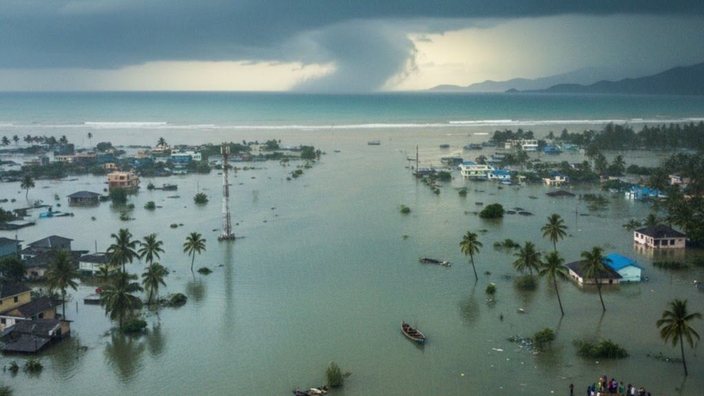 Chuvas históricas revelam o novo risco dos ciclones de ventos moderados. (Imagem: Gerada por IA/ Gemini)