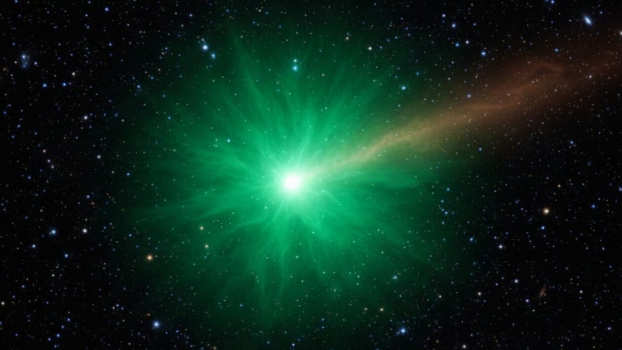 Cometa 3I/ATLAS exibe brilho esverdeado em imagens do Gemini Norte (Imagem: Fala Ciência via Gemini)