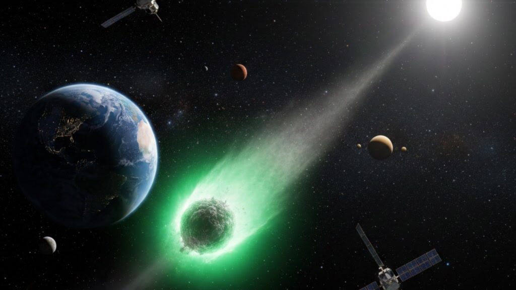 Visitante interestelar revela nuvem verde e fenômenos inéditos (Imagem: Fala Ciência via Gemini)
