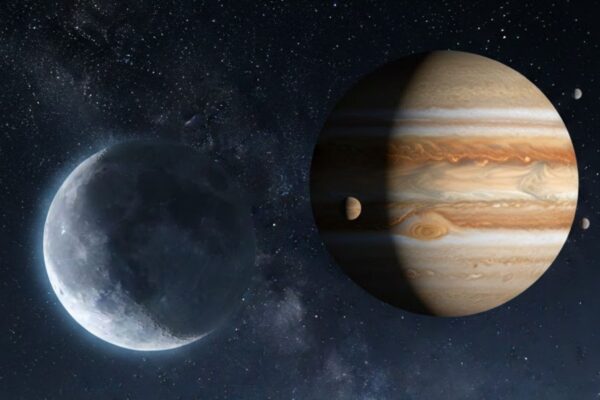 Lua e Júpiter lado a lado iluminam o céu deste domingo (Imagem: Gerada por IA/ Gemini)