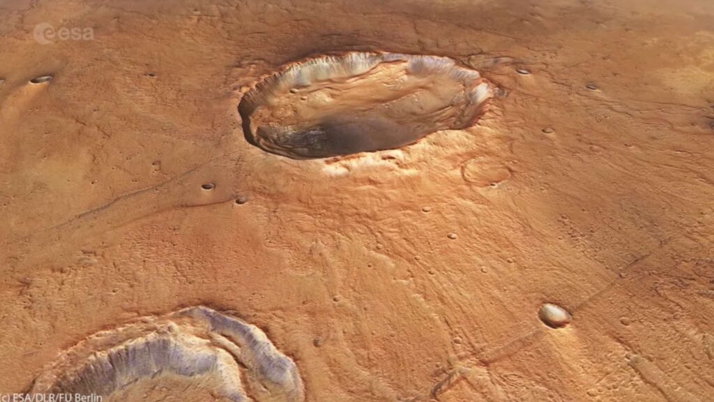 Impacto oblíquo cria estrutura rara e transforma paisagem de Marte. (Imagem: ESA Space Science Hub)
