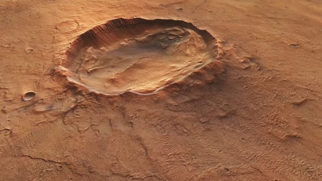 Cratera marciana exibe forma de borboleta e revela gelo subterrâneo. (Imagem: ESA Space Science Hub)