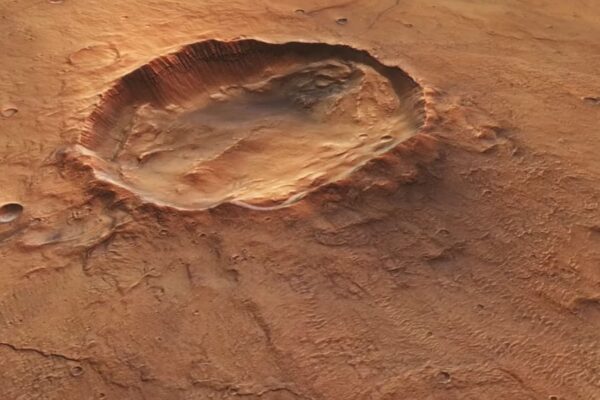 Cratera marciana exibe forma de borboleta e revela gelo subterrâneo. (Imagem: ESA Space Science Hub)