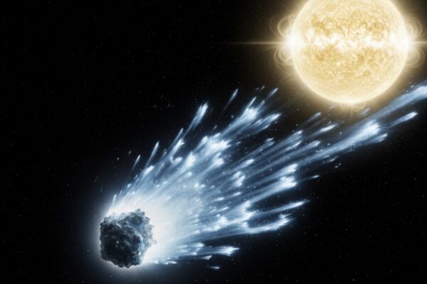 Jatos de gelo revelam atividade intensa no cometa interestelar 3I/ATLAS (Imagem: Gerada por IA/ Gemini)