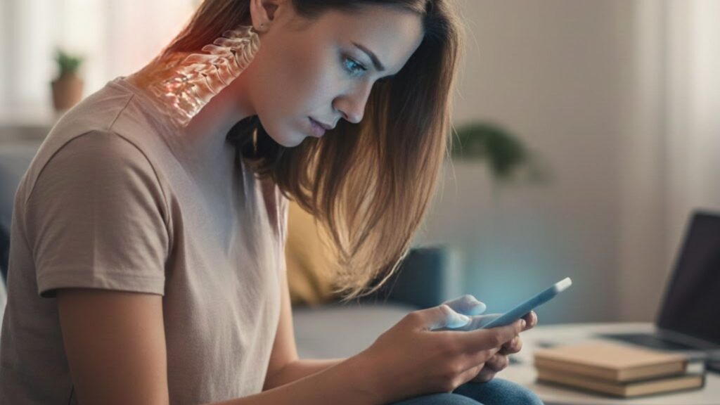 Text neck afeta coluna cervical e ombros de usuários frequentes. (Foto: Fala Ciência via Gemini)