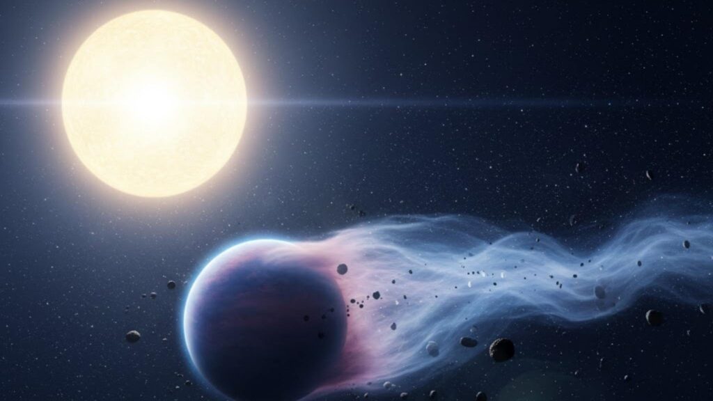 Atmosfera superinflada de WASP-107b revela fluxo massivo de gás em fuga (Imagem: Gerada por IA/ Gemini)
