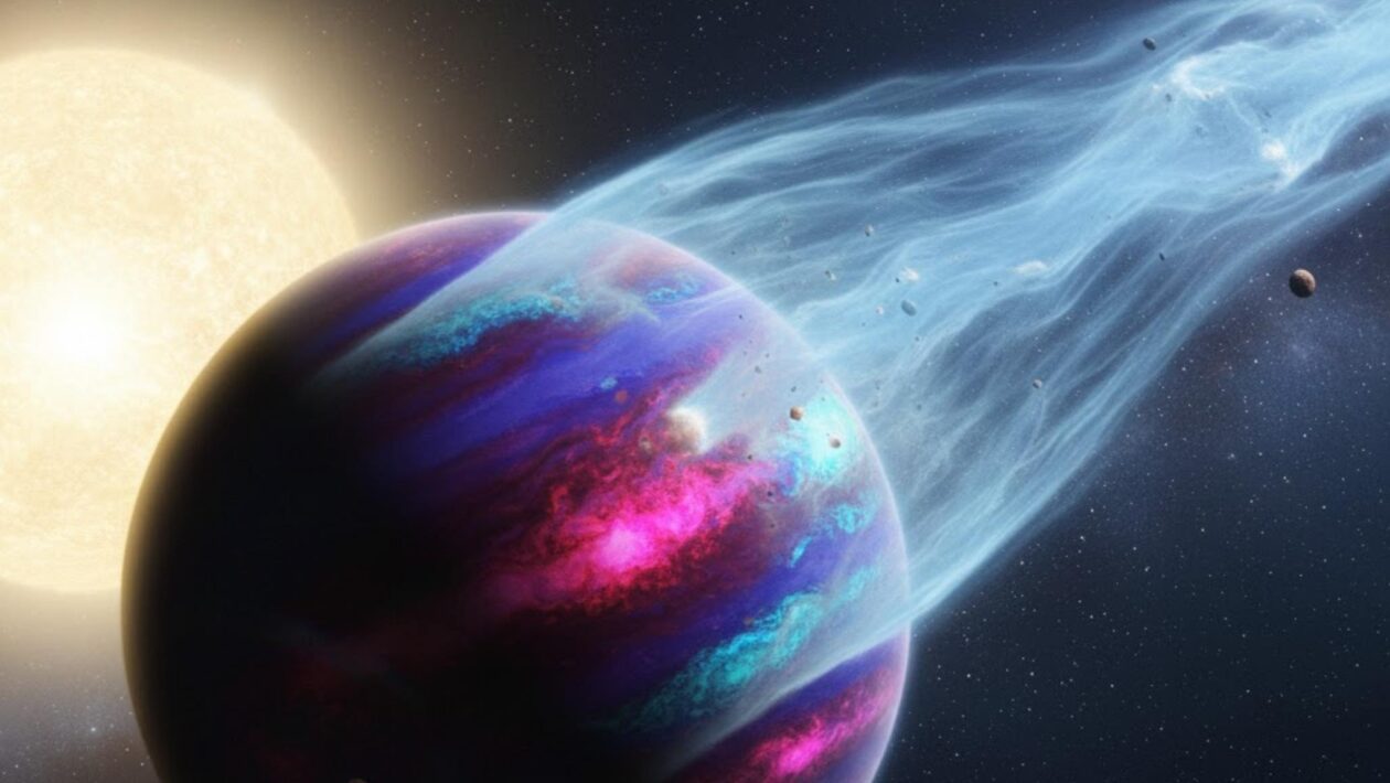 Webb flagra hélio escapando em nuvem gigante do exoplaneta WASP-107b (Imagem: Gerada por IA/ Gemini)