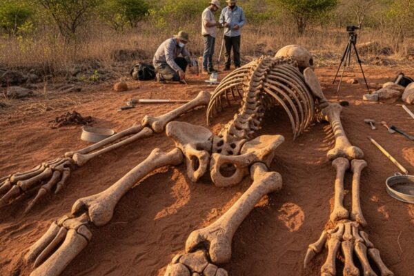 Fósseis de preguiça gigante encontrados no Seridó, RN. (Foto: Gerada por IA via Gemini)