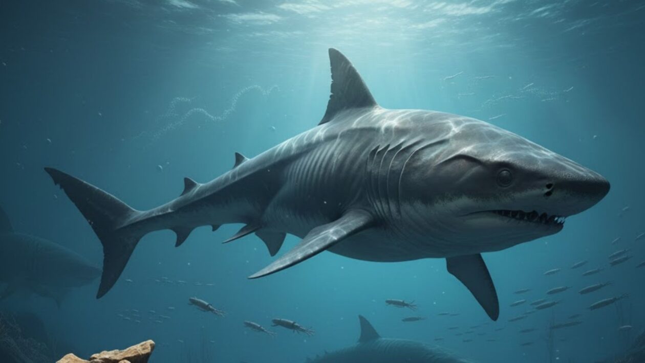 Fóssil indica tubarão de oito metros em antigas águas frias. (Foto: Gerada por IA via Gemini)