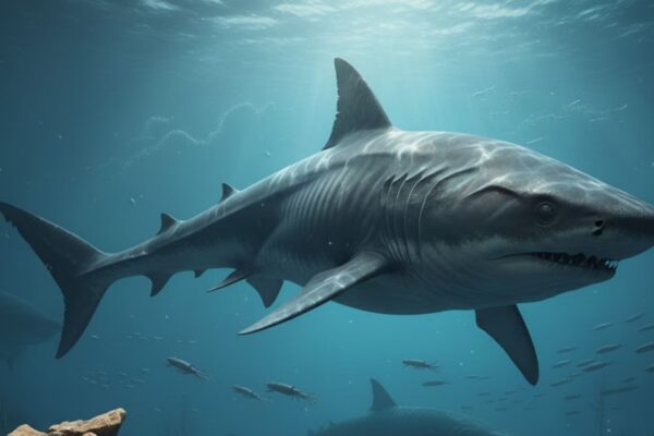 Fóssil indica tubarão de oito metros em antigas águas frias. (Foto: Gerada por IA via Gemini)