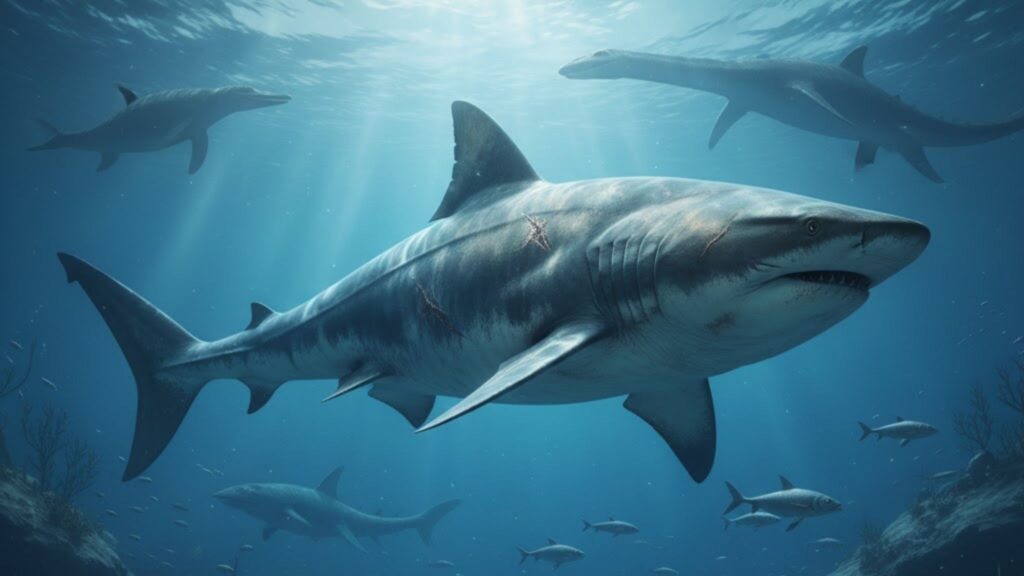 Achado aponta origem mais antiga do gigantismo nos tubarões. (Foto: Gerada por IA via Gemini)