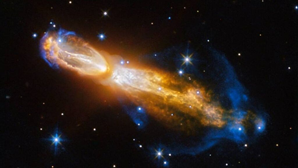 Imagem rara mostra estrela liberando gás e poeira no espaço (Imagem: ESA/Hubble e NASA; Agradecimento: Judy Schmidt)