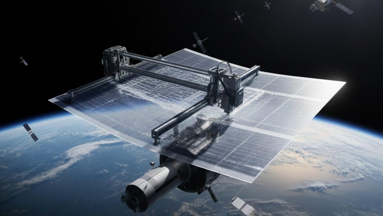 Impressão 3D no espaço promete painéis solares leves e eficientes. (Imagem: Gerada por IA/ Gemini)