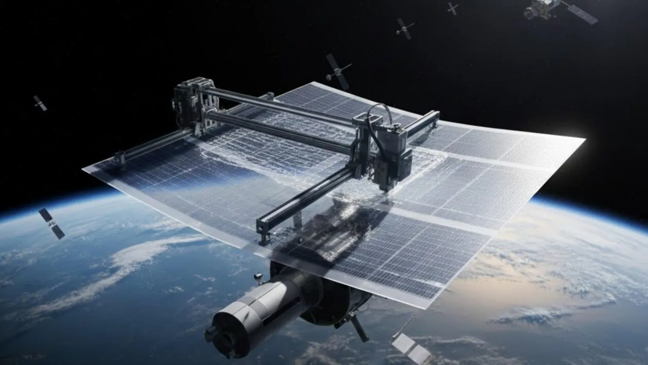 Impressão 3D no espaço promete painéis solares leves e eficientes. (Imagem: Gerada por IA/ Gemini)