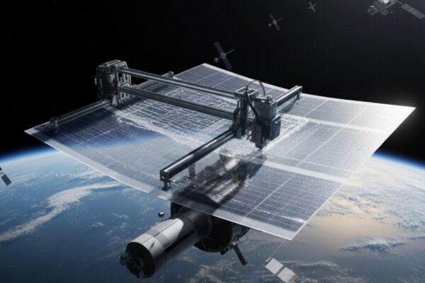 Impressão 3D no espaço promete painéis solares leves e eficientes. (Imagem: Gerada por IA/ Gemini)