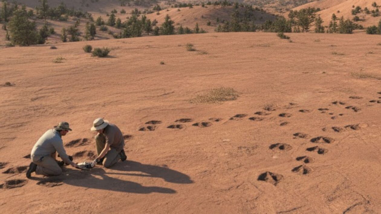 Pegadas revelam curva rara feita por um saurópode gigante. (Foto: Gerada por IA via Gemini)
