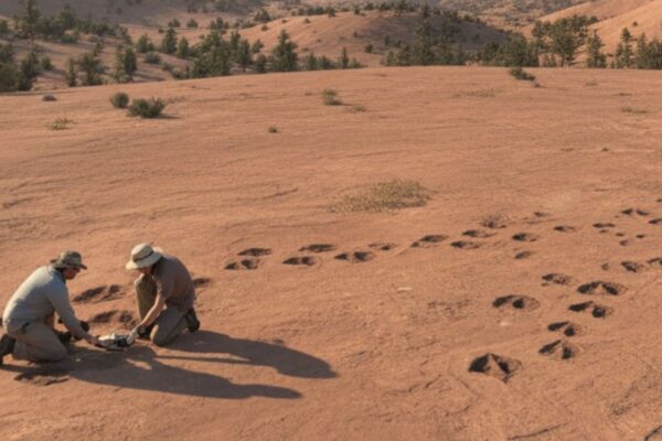 Pegadas revelam curva rara feita por um saurópode gigante. (Foto: Gerada por IA via Gemini)