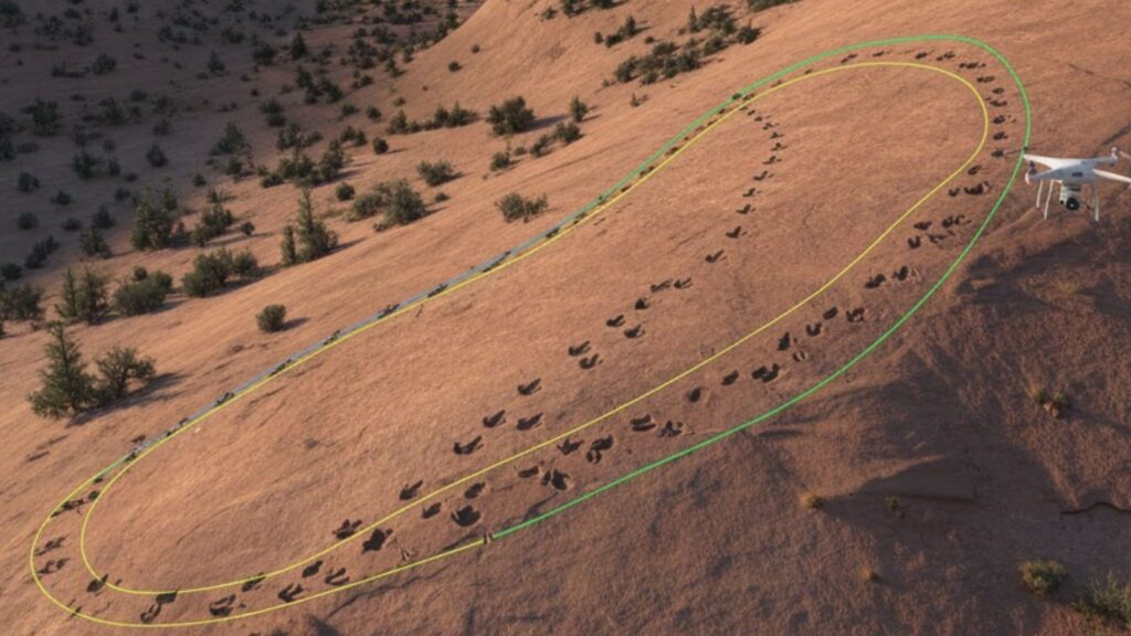 Tecnologia aérea reconstrói movimento de dinossauro colossal. (Foto: Gerada por IA via Gemini)