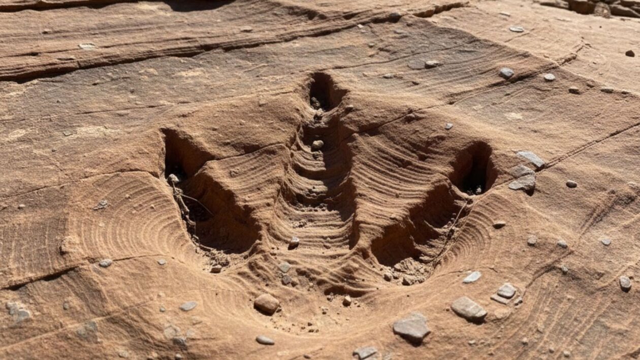 Pegadas fossilizadas revelam rotas de dinossauros predadores. (Foto: Gerada por IA via Gemini)