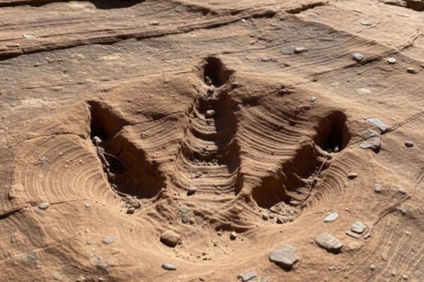 Pegadas fossilizadas revelam rotas de dinossauros predadores. (Foto: Gerada por IA via Gemini)
