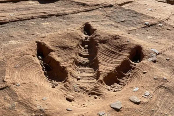 Pegadas fossilizadas revelam rotas de dinossauros predadores. (Foto: Gerada por IA via Gemini)