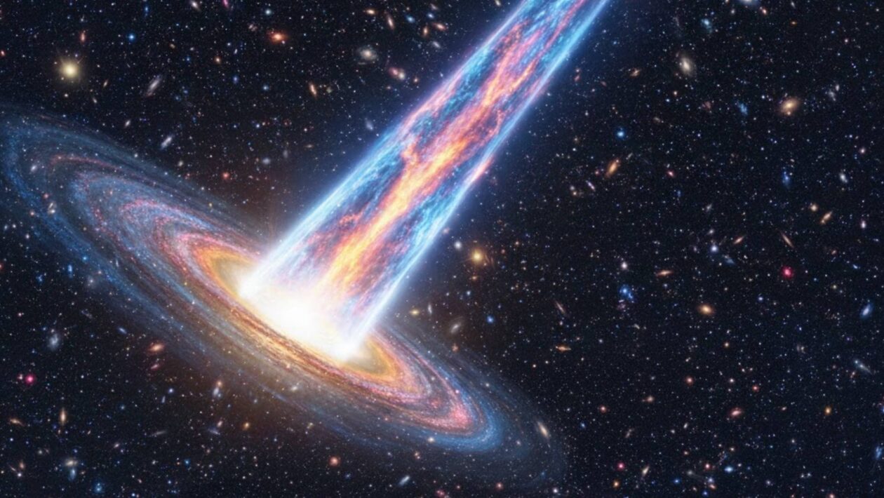 Quasares gigantes exibem jatos que ultrapassam milhões de anos-luz. (Imagem: Gerada por IA/ Gemini)